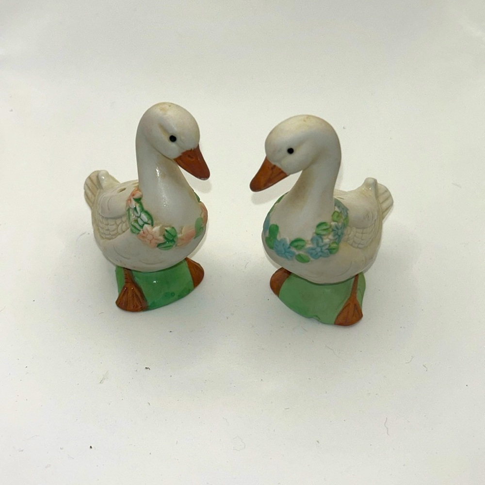 Vtg Porcelain Bisque Salt & Pepper Shakers, Goose and Gander w/Flower Garlands